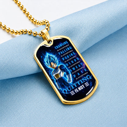 Custom Dragon Ball Super Saiyan Blue Vegeta Dog Tag Necklace - Motivational Quote “Quitting Is Not” Stainless Steel Pendant - Anime Gift for DBZ Fans - DRDL104