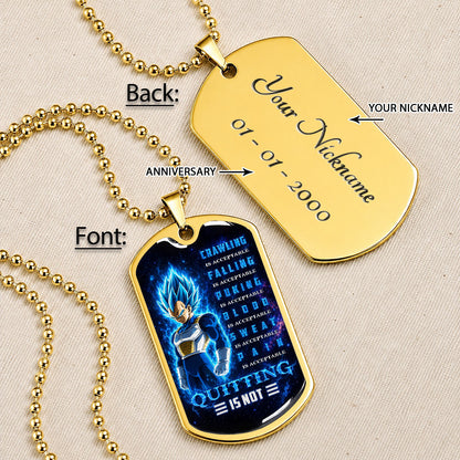 Custom Dragon Ball Super Saiyan Blue Vegeta Dog Tag Necklace - Motivational Quote “Quitting Is Not” Stainless Steel Pendant - Anime Gift for DBZ Fans - DRDL104