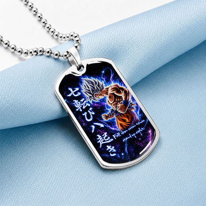Custom Dragon Ball Ultra Instinct Goku Dog Tag Necklace - Fall Down Seven Times Stand Up Eight” Stainless Steel Pendant - Anime Gift for DBZ Fans - DRDL105