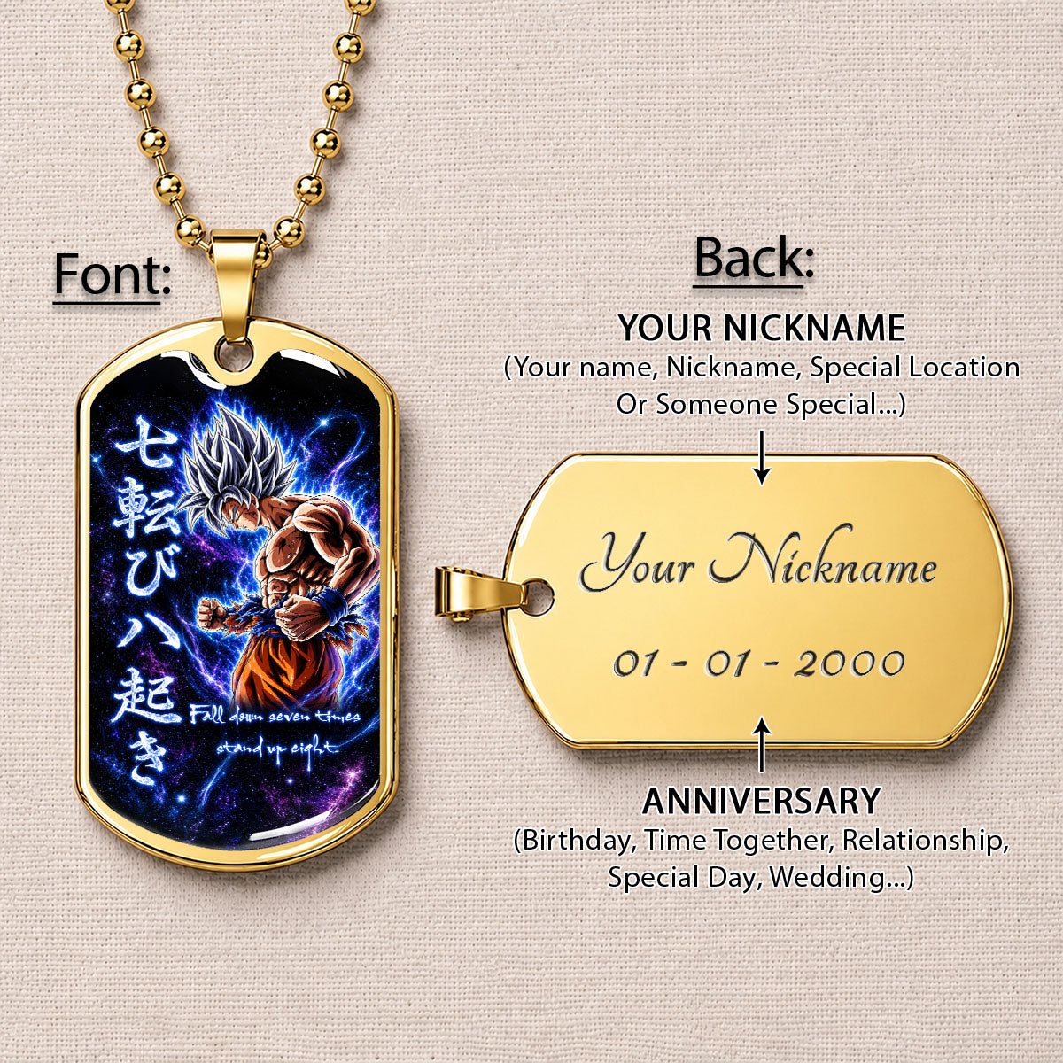 Custom Dragon Ball Ultra Instinct Goku Dog Tag Necklace - Fall Down Seven Times Stand Up Eight” Stainless Steel Pendant - Anime Gift for DBZ Fans - DRDL105