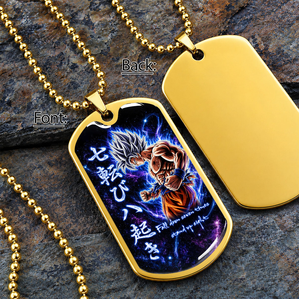 Custom Dragon Ball Ultra Instinct Goku Dog Tag Necklace - Fall Down Seven Times Stand Up Eight” Stainless Steel Pendant - Anime Gift for DBZ Fans - DRDL105