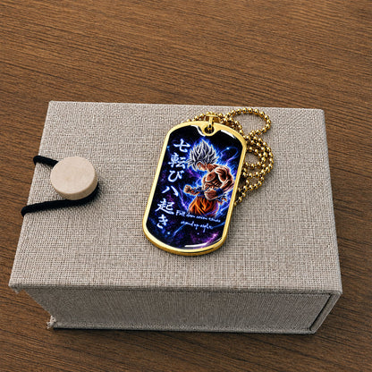Custom Dragon Ball Ultra Instinct Goku Dog Tag Necklace - Fall Down Seven Times Stand Up Eight” Stainless Steel Pendant - Anime Gift for DBZ Fans - DRDL105
