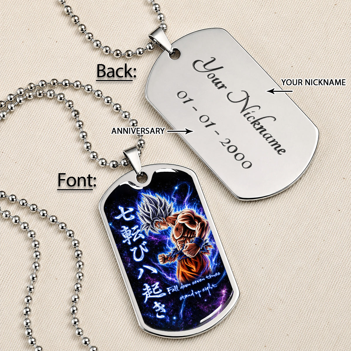 Custom Dragon Ball Ultra Instinct Goku Dog Tag Necklace - Fall Down Seven Times Stand Up Eight” Stainless Steel Pendant - Anime Gift for DBZ Fans - DRDL105