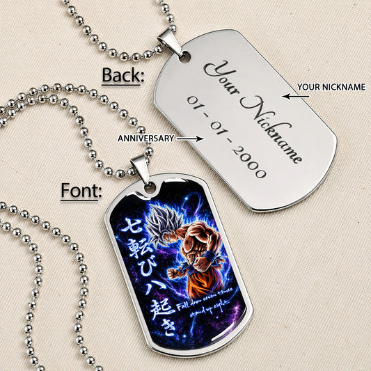 Custom Dragon Ball Ultra Instinct Goku Dog Tag Necklace - Fall Down Seven Times Stand Up Eight” Stainless Steel Pendant - Anime Gift for DBZ Fans - DRDL105