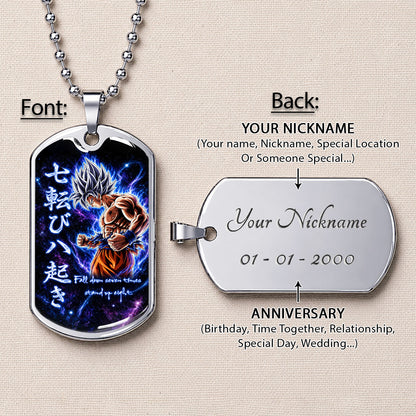Custom Dragon Ball Ultra Instinct Goku Dog Tag Necklace - Fall Down Seven Times Stand Up Eight” Stainless Steel Pendant - Anime Gift for DBZ Fans - DRDL105