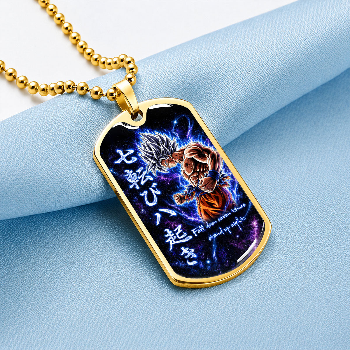 Custom Dragon Ball Ultra Instinct Goku Dog Tag Necklace - Fall Down Seven Times Stand Up Eight” Stainless Steel Pendant - Anime Gift for DBZ Fans - DRDL105