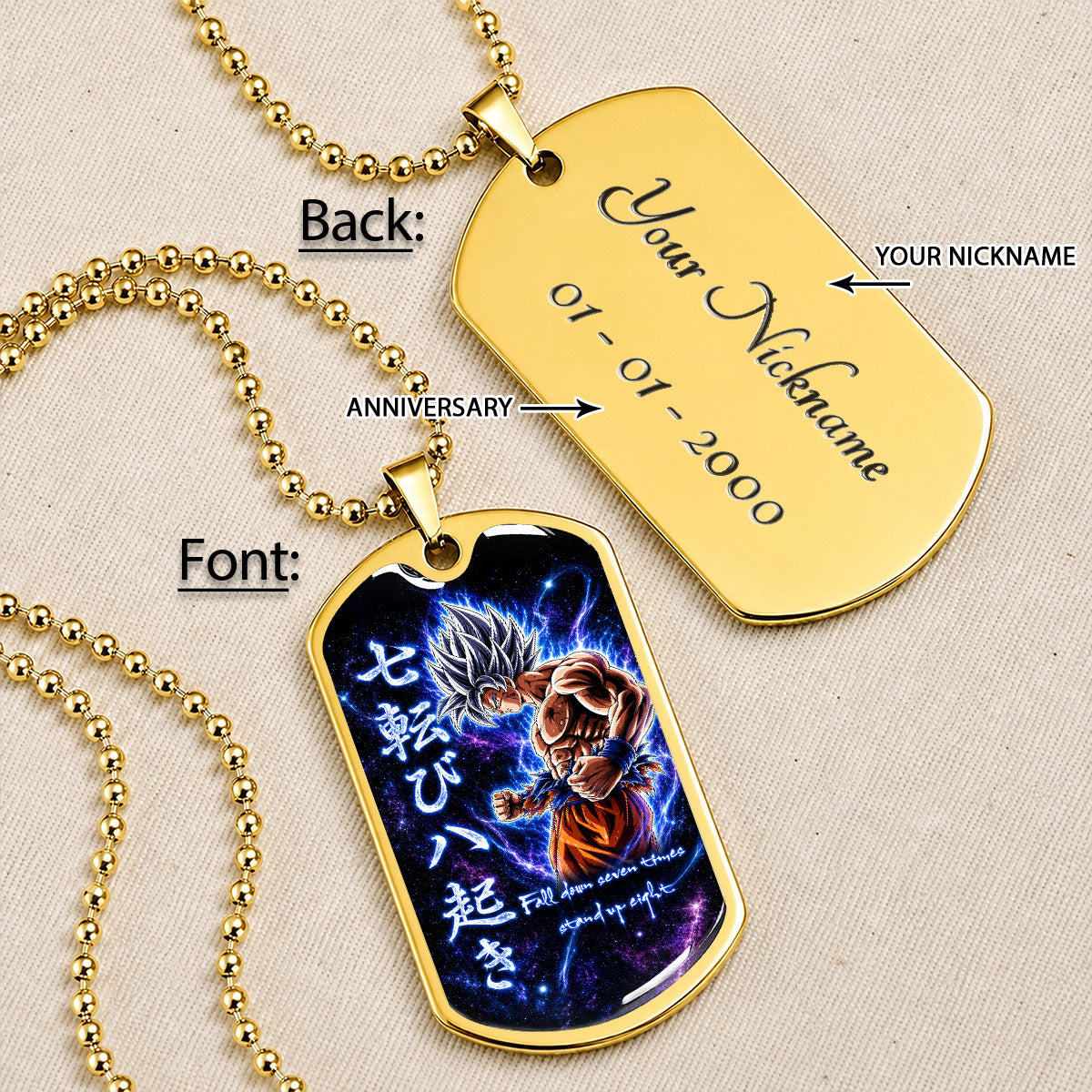 Custom Dragon Ball Ultra Instinct Goku Dog Tag Necklace - Fall Down Seven Times Stand Up Eight” Stainless Steel Pendant - Anime Gift for DBZ Fans - DRDL105
