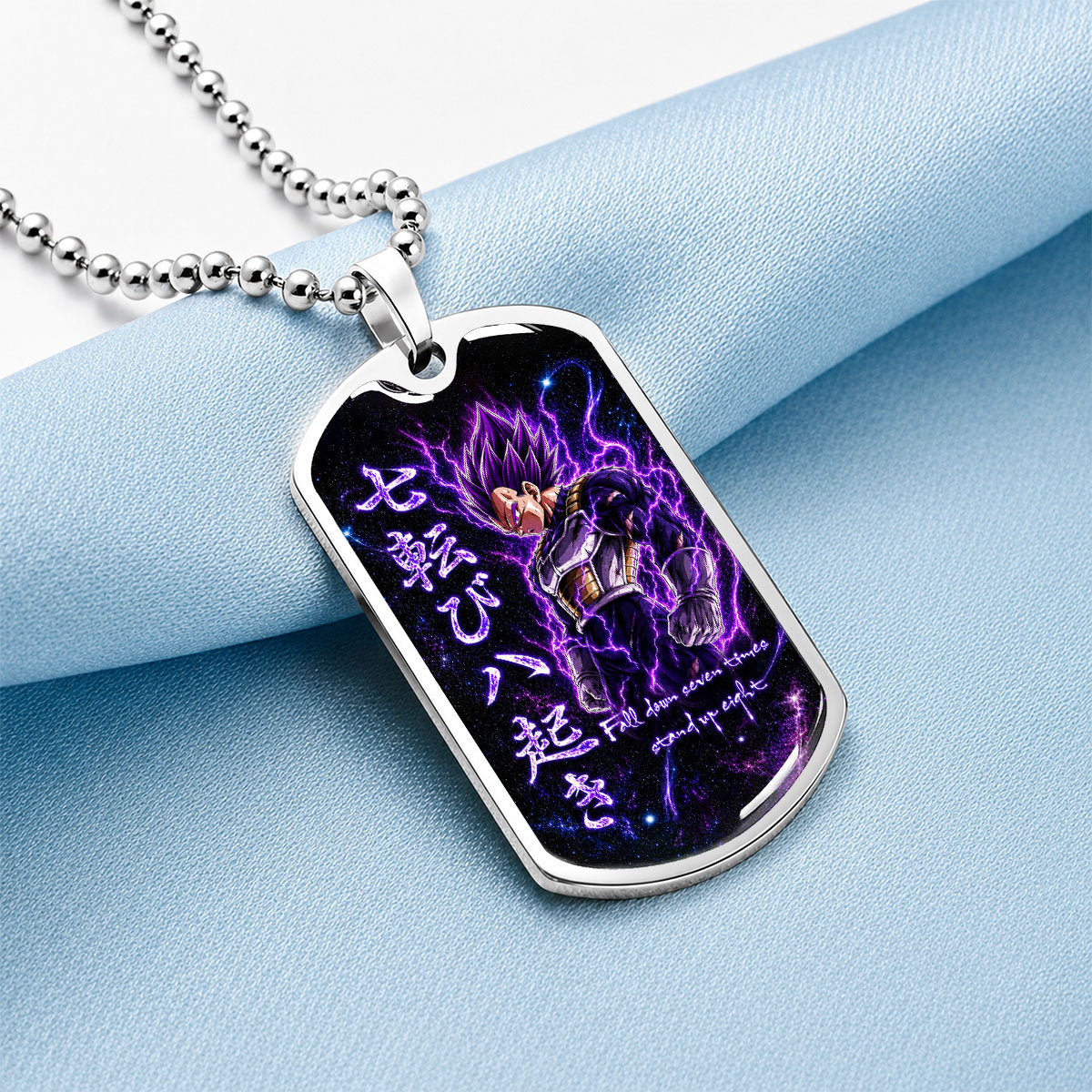 Custom Dragon Ball Ultra Ego Vegeta Dog Tag Necklace - Fall Down Seven Times Stand Up Eight” Stainless Steel Pendant - Anime Gift for DBZ Fans - DRDL106