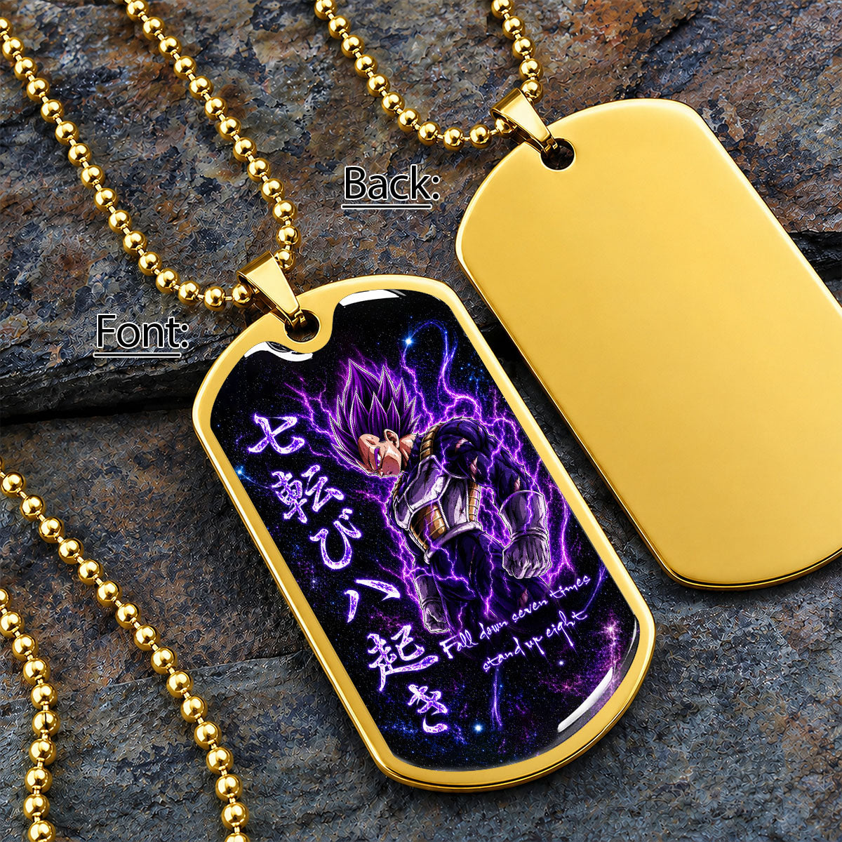 Custom Dragon Ball Ultra Ego Vegeta Dog Tag Necklace - Fall Down Seven Times Stand Up Eight” Stainless Steel Pendant - Anime Gift for DBZ Fans - DRDL106