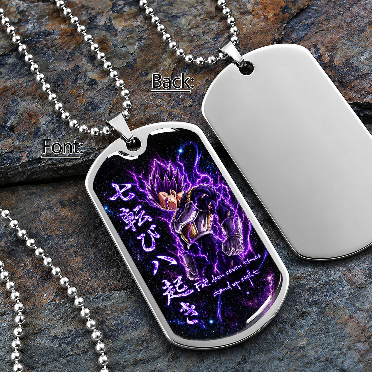 Custom Dragon Ball Ultra Ego Vegeta Dog Tag Necklace - Fall Down Seven Times Stand Up Eight” Stainless Steel Pendant - Anime Gift for DBZ Fans - DRDL106