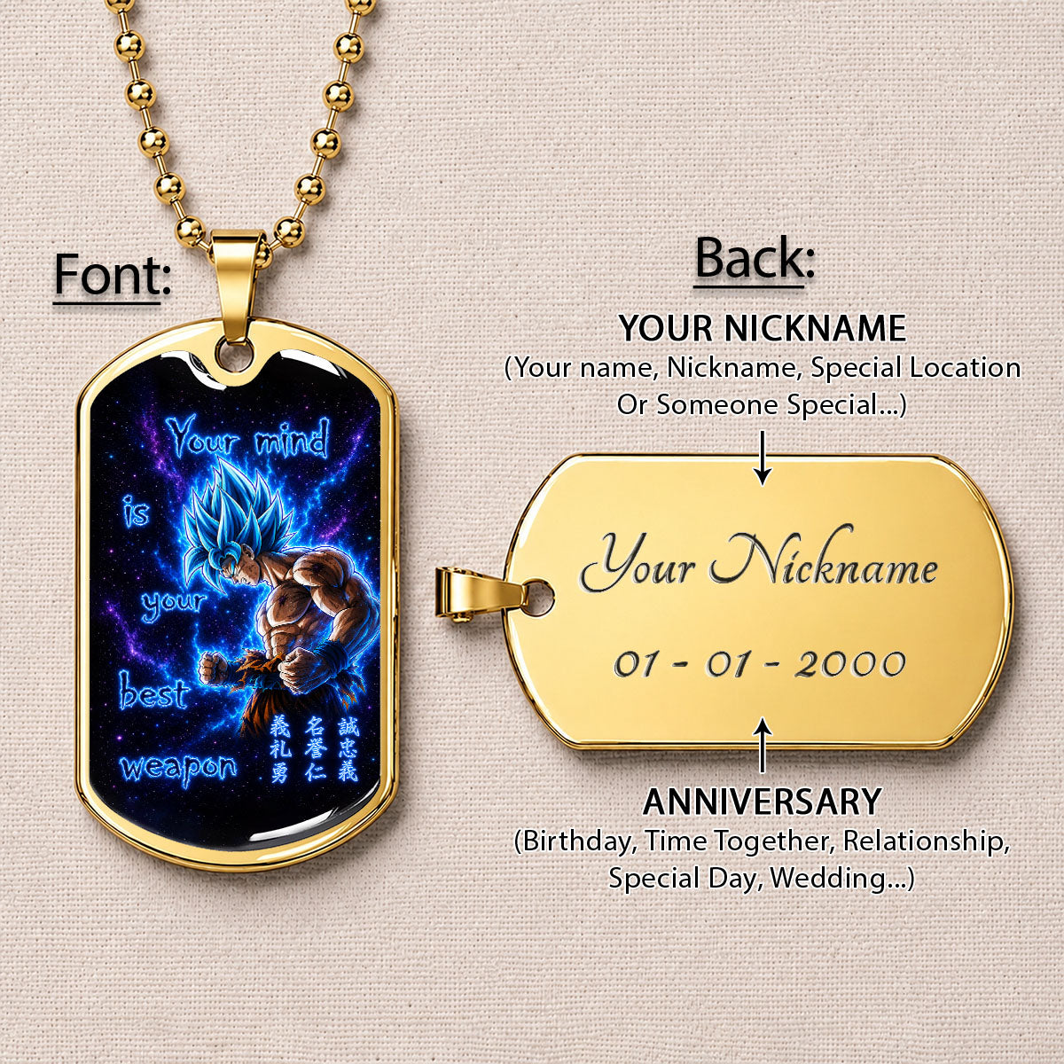 Custom Dragon Ball Super Saiyan Blue Goku Dog Tag Necklace - “Your Mind Is Your Best Weapon” Stainless Steel Pendant - Motivational Gift for DBZ Fans - DRDL108