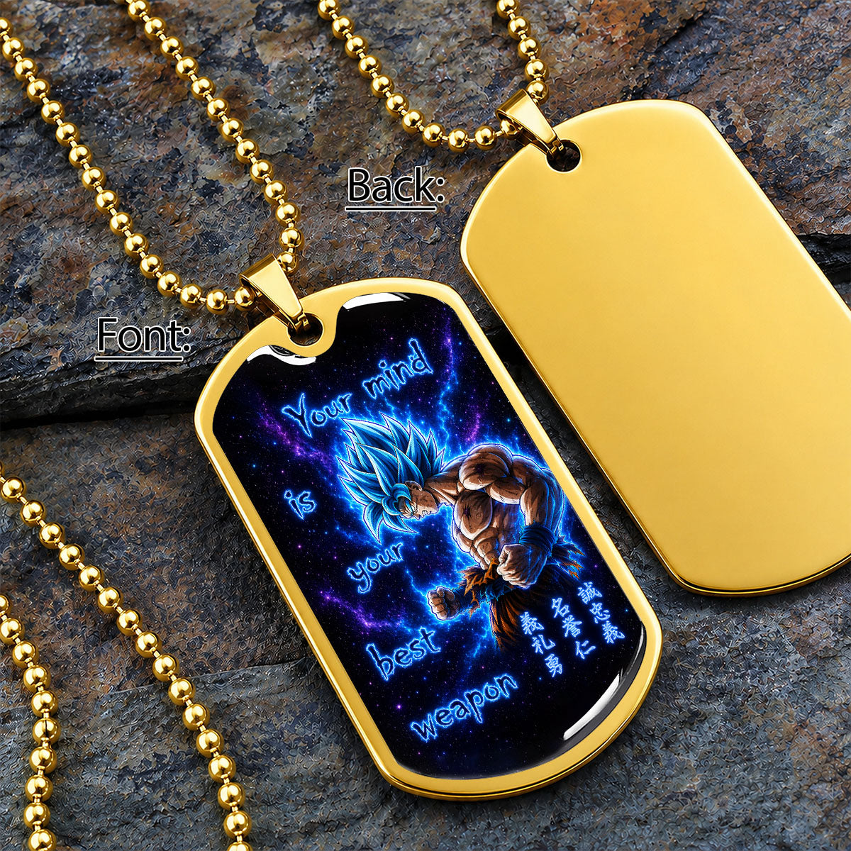Custom Dragon Ball Super Saiyan Blue Goku Dog Tag Necklace - “Your Mind Is Your Best Weapon” Stainless Steel Pendant - Motivational Gift for DBZ Fans - DRDL108