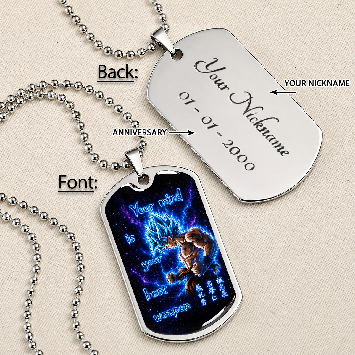 Custom Dragon Ball Super Saiyan Blue Goku Dog Tag Necklace - “Your Mind Is Your Best Weapon” Stainless Steel Pendant - Motivational Gift for DBZ Fans - DRDL108