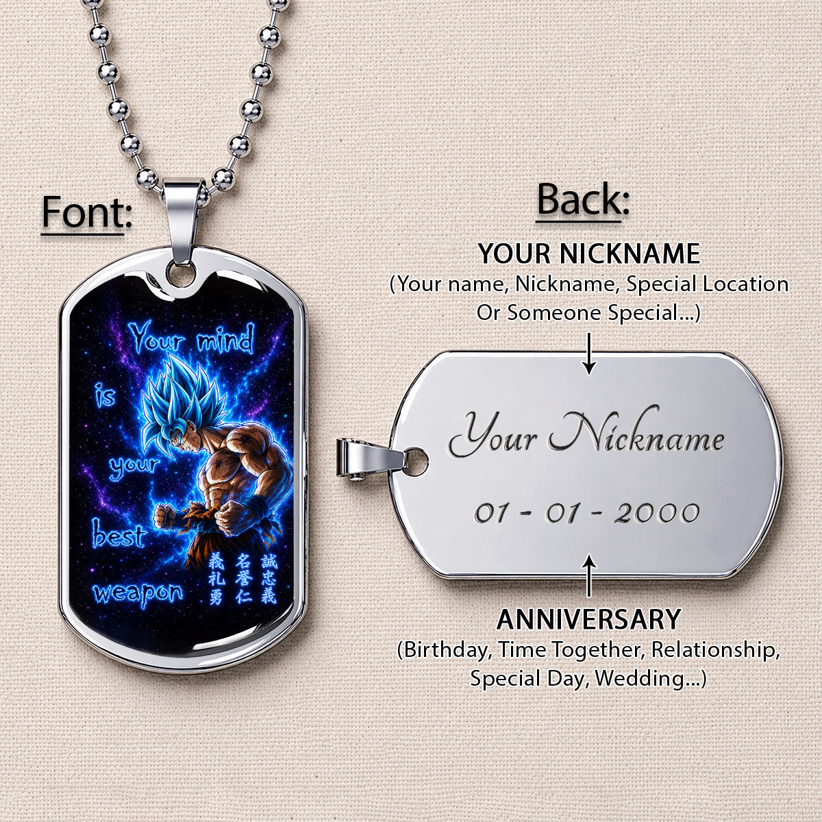Custom Dragon Ball Super Saiyan Blue Goku Dog Tag Necklace - “Your Mind Is Your Best Weapon” Stainless Steel Pendant - Motivational Gift for DBZ Fans - DRDL108
