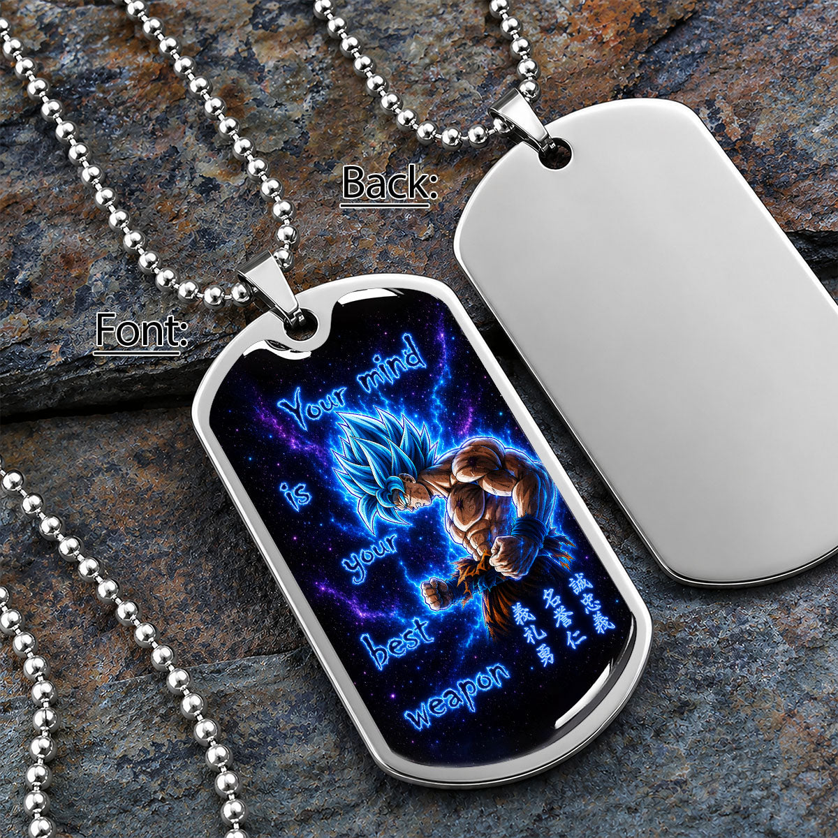 Custom Dragon Ball Super Saiyan Blue Goku Dog Tag Necklace - “Your Mind Is Your Best Weapon” Stainless Steel Pendant - Motivational Gift for DBZ Fans - DRDL108