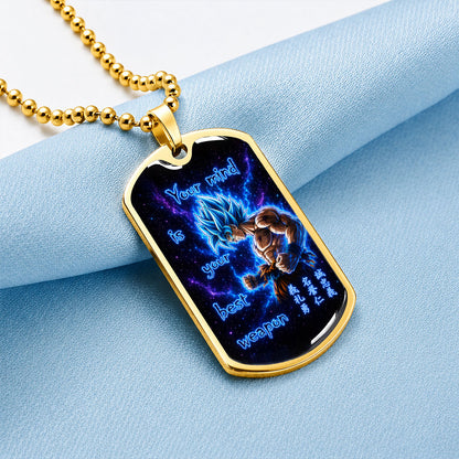 Custom Dragon Ball Super Saiyan Blue Goku Dog Tag Necklace - “Your Mind Is Your Best Weapon” Stainless Steel Pendant - Motivational Gift for DBZ Fans - DRDL108