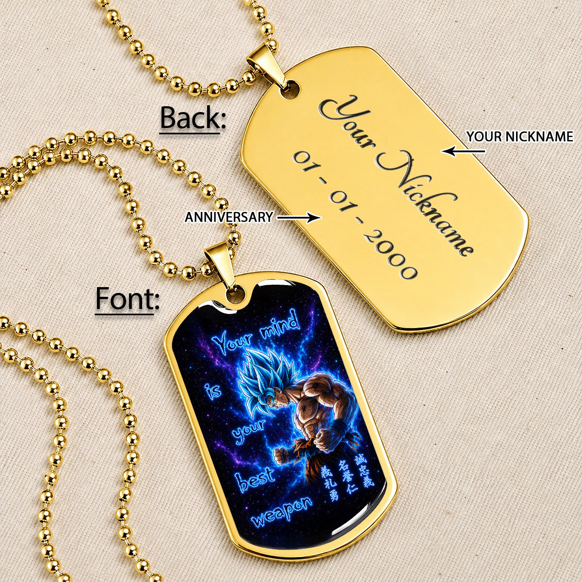 Custom Dragon Ball Super Saiyan Blue Goku Dog Tag Necklace - “Your Mind Is Your Best Weapon” Stainless Steel Pendant - Motivational Gift for DBZ Fans - DRDL108