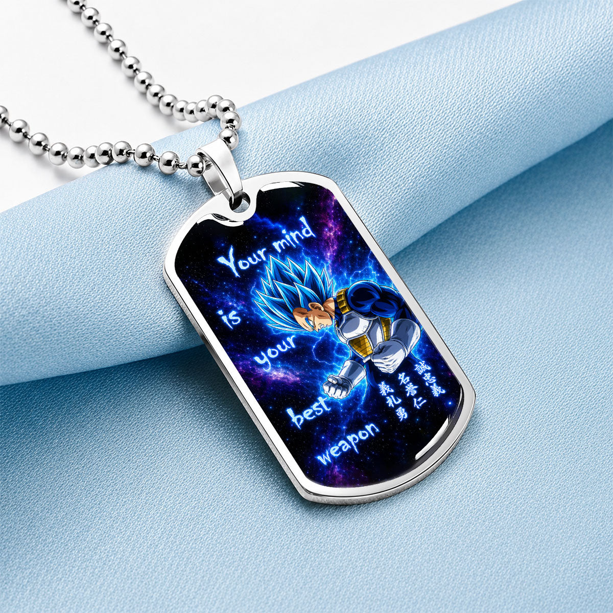 Custom Dragon Ball Super Saiyan Blue Vegeta Dog Tag Necklace - “Your Mind Is Your Best Weapon” Stainless Steel Pendant - Motivational Gift for DBZ Fans - DRDL109