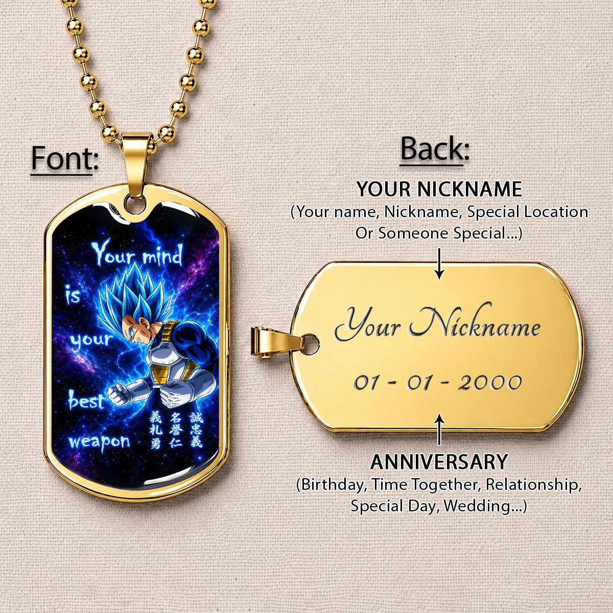 Custom Dragon Ball Super Saiyan Blue Vegeta Dog Tag Necklace - “Your Mind Is Your Best Weapon” Stainless Steel Pendant - Motivational Gift for DBZ Fans - DRDL109
