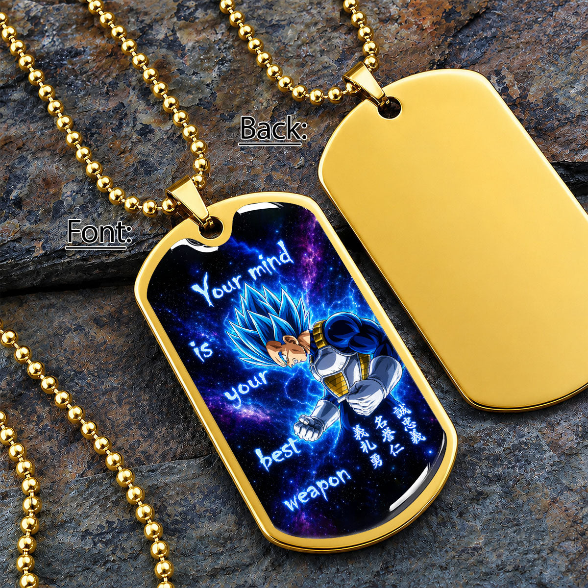 Custom Dragon Ball Super Saiyan Blue Vegeta Dog Tag Necklace - “Your Mind Is Your Best Weapon” Stainless Steel Pendant - Motivational Gift for DBZ Fans - DRDL109