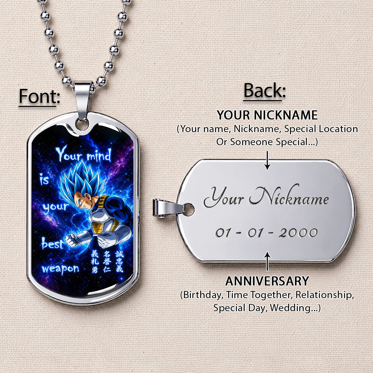 Custom Dragon Ball Super Saiyan Blue Vegeta Dog Tag Necklace - “Your Mind Is Your Best Weapon” Stainless Steel Pendant - Motivational Gift for DBZ Fans - DRDL109