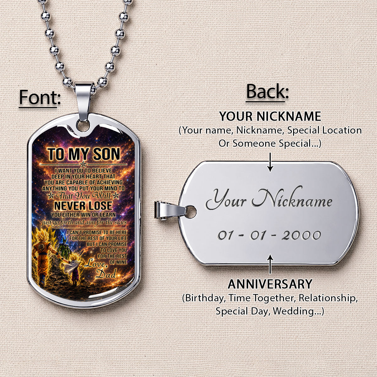 Personalized Dragon Ball Goku & Gohan Dog Tag Necklace - "To My Son From Dad" Stainless Steel Pendant - Meaningful Anime Gift for DBZ Fans - DRDL113