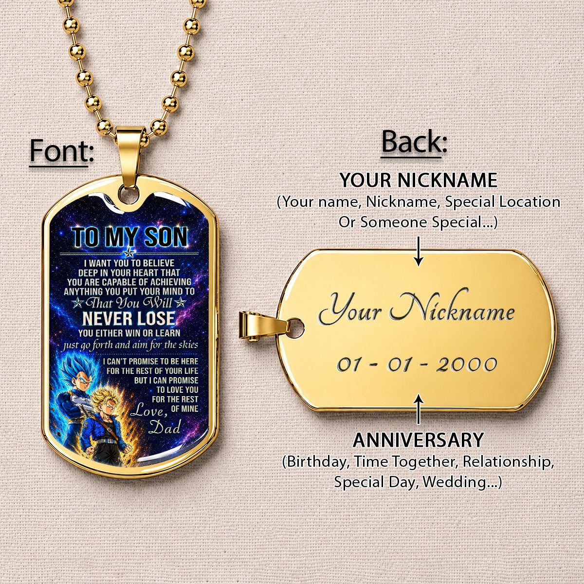 Personalized Dragon Ball Vegeta & Trunks Dog Tag Necklace - "To My Son From Dad" Stainless Steel Pendant - Meaningful Anime Gift for DBZ Fans - DRDL114