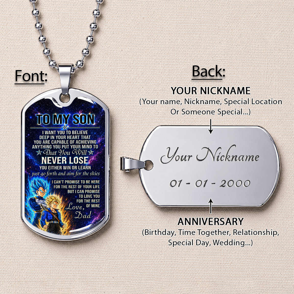 Personalized Dragon Ball Vegeta & Trunks Dog Tag Necklace - "To My Son From Dad" Stainless Steel Pendant - Meaningful Anime Gift for DBZ Fans - DRDL114