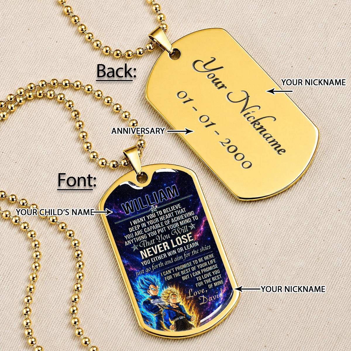 Personalized Dragon Ball Vegeta & Trunks Dog Tag Necklace - "To My Son From Dad" Stainless Steel Pendant - Meaningful Anime Gift for DBZ Fans - DRDL114