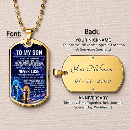 Personalized Dragon Ball Vegeta & Trunks Dog Tag Necklace - "To My Son From Dad" Stainless Steel Pendant - Meaningful Anime Gift for DBZ Fans - DRDL115