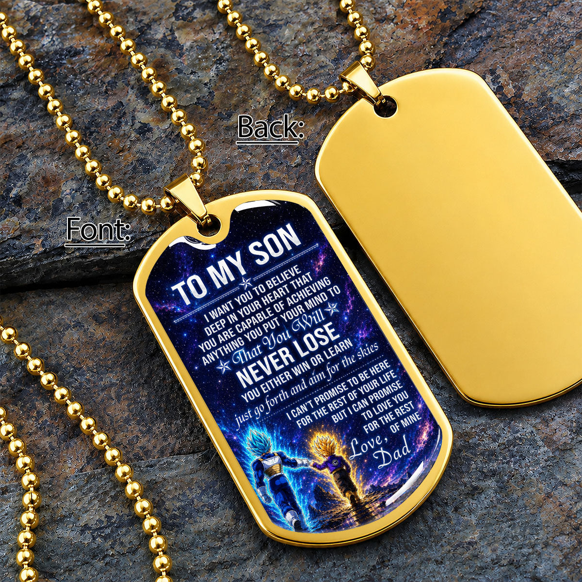 Personalized Dragon Ball Vegeta & Trunks Dog Tag Necklace - "To My Son From Dad" Stainless Steel Pendant - Meaningful Anime Gift for DBZ Fans - DRDL115