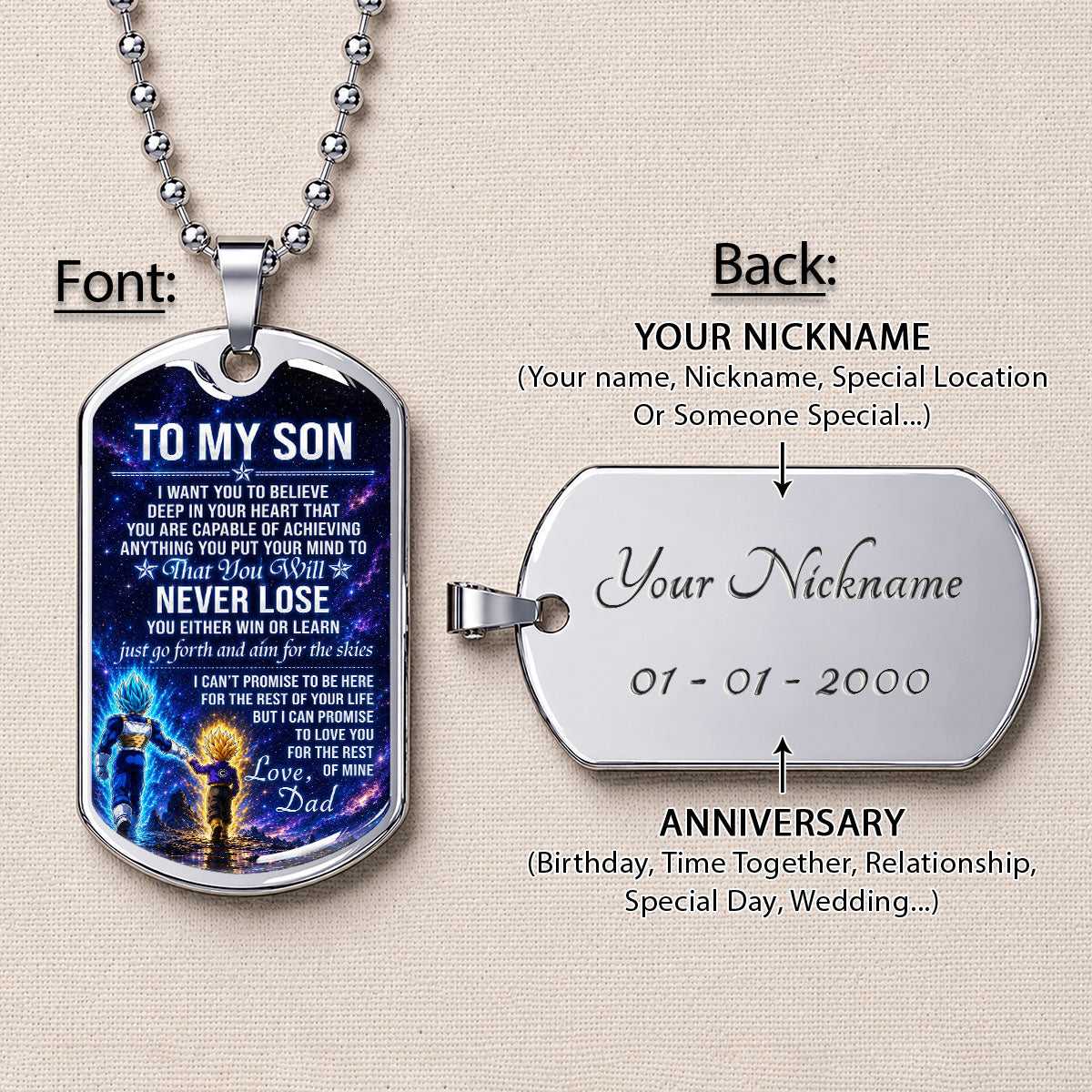 Personalized Dragon Ball Vegeta & Trunks Dog Tag Necklace - "To My Son From Dad" Stainless Steel Pendant - Meaningful Anime Gift for DBZ Fans - DRDL115
