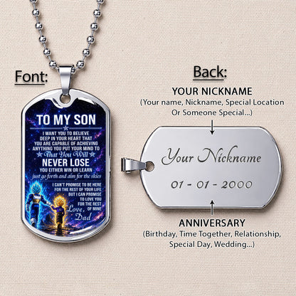 Personalized Dragon Ball Vegeta & Trunks Dog Tag Necklace - "To My Son From Dad" Stainless Steel Pendant - Meaningful Anime Gift for DBZ Fans - DRDL115
