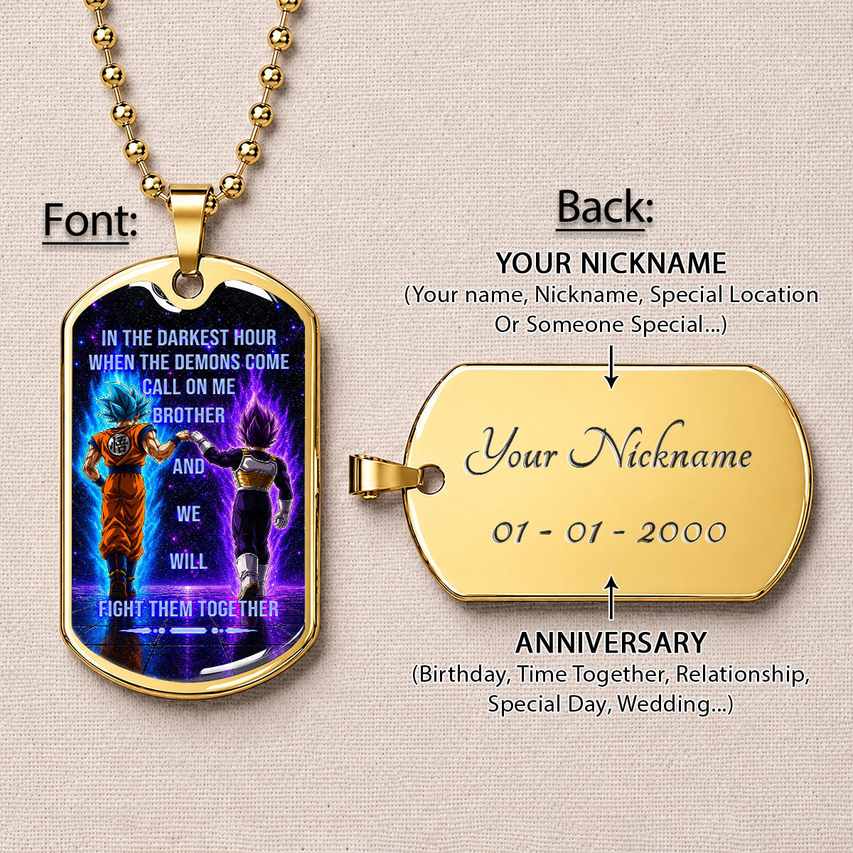 Custom Dragon Ball Goku & Vegeta Brother Dog Tag Necklace - Motivational Quote "Call On Me Brother"  Stainless Steel Pendant - Anime Gift for DBZ Fans - DRDL116