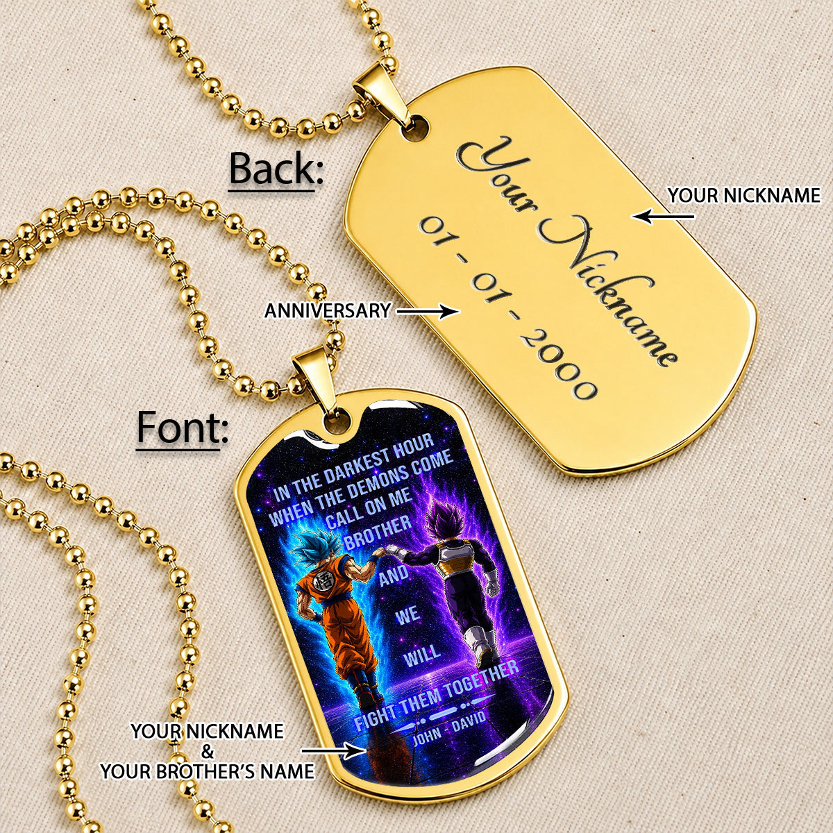 Custom Dragon Ball Goku & Vegeta Brother Dog Tag Necklace - Motivational Quote "Call On Me Brother"  Stainless Steel Pendant - Anime Gift for DBZ Fans - DRDL116