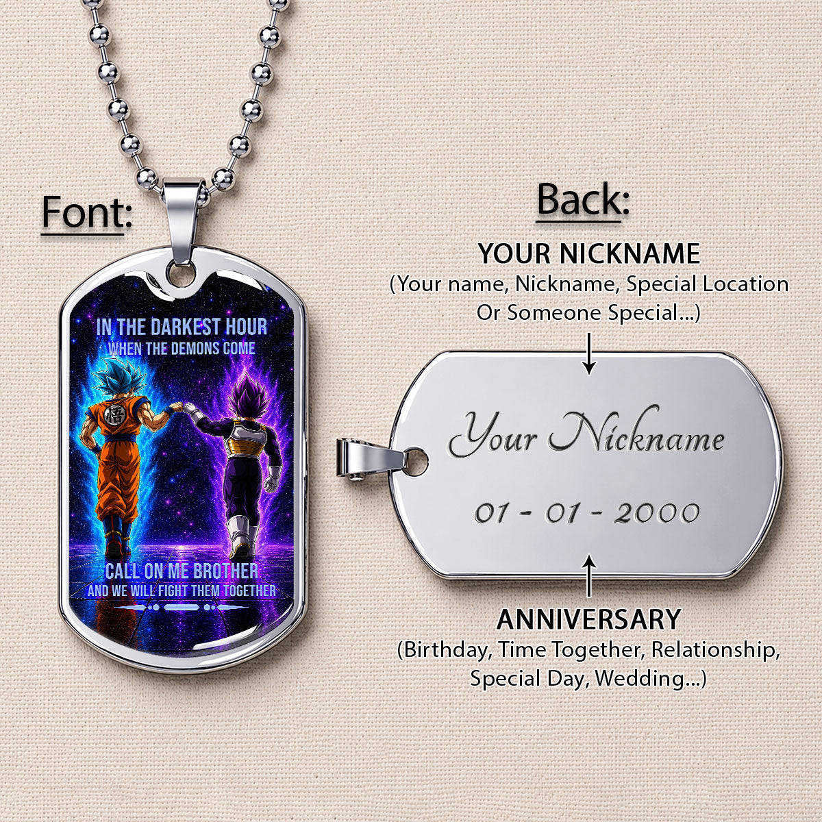 Custom Dragon Ball Goku & Vegeta Brother Dog Tag Necklace - Motivational Quote "Call On Me Brother"  Stainless Steel Pendant - Anime Gift for DBZ Fans - DRDL117