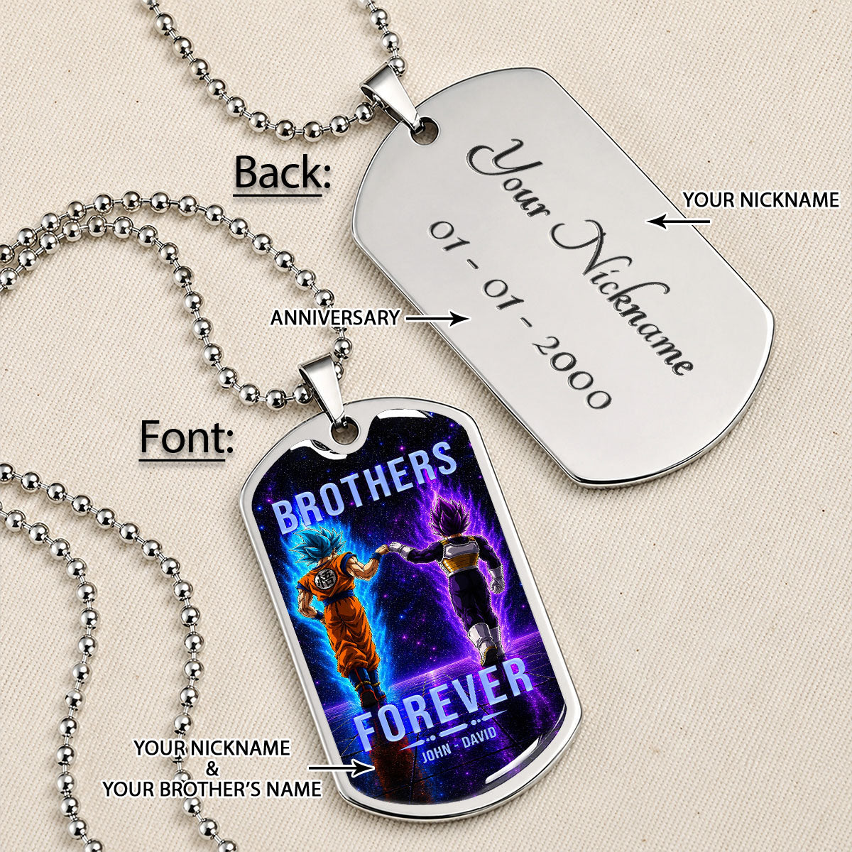 Custom Dragon Ball Goku & Vegeta Brother Dog Tag Necklace - Motivational Quote "Brothers Forever"  Stainless Steel Pendant - Anime Gift for DBZ Fans - DRDL118