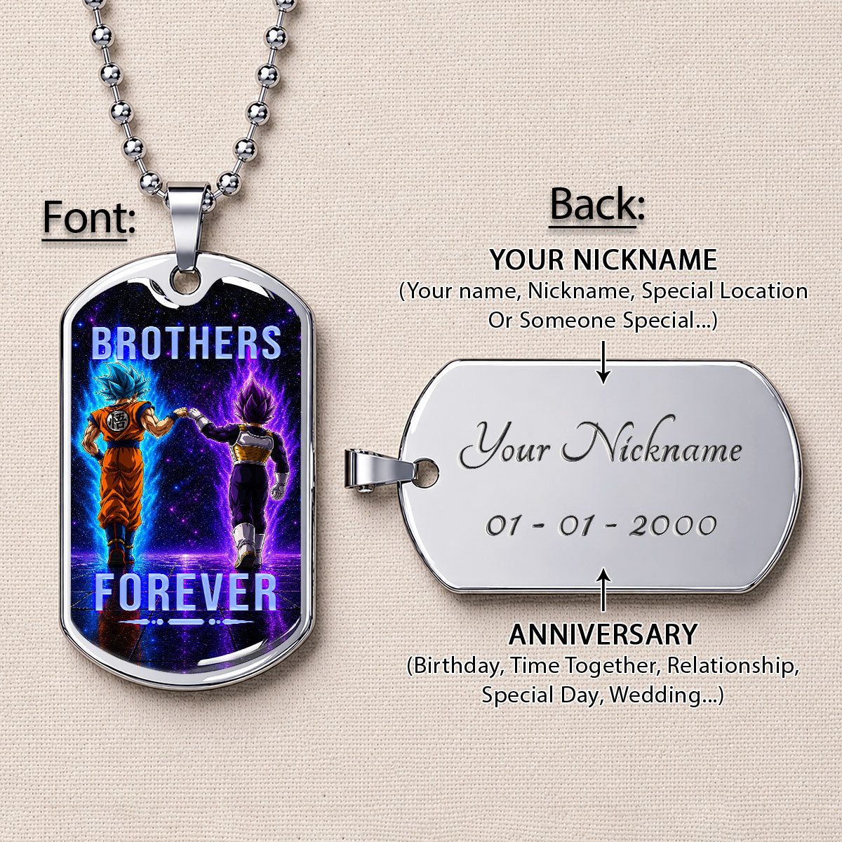 Custom Dragon Ball Goku & Vegeta Brother Dog Tag Necklace - Motivational Quote "Brothers Forever"  Stainless Steel Pendant - Anime Gift for DBZ Fans - DRDL118