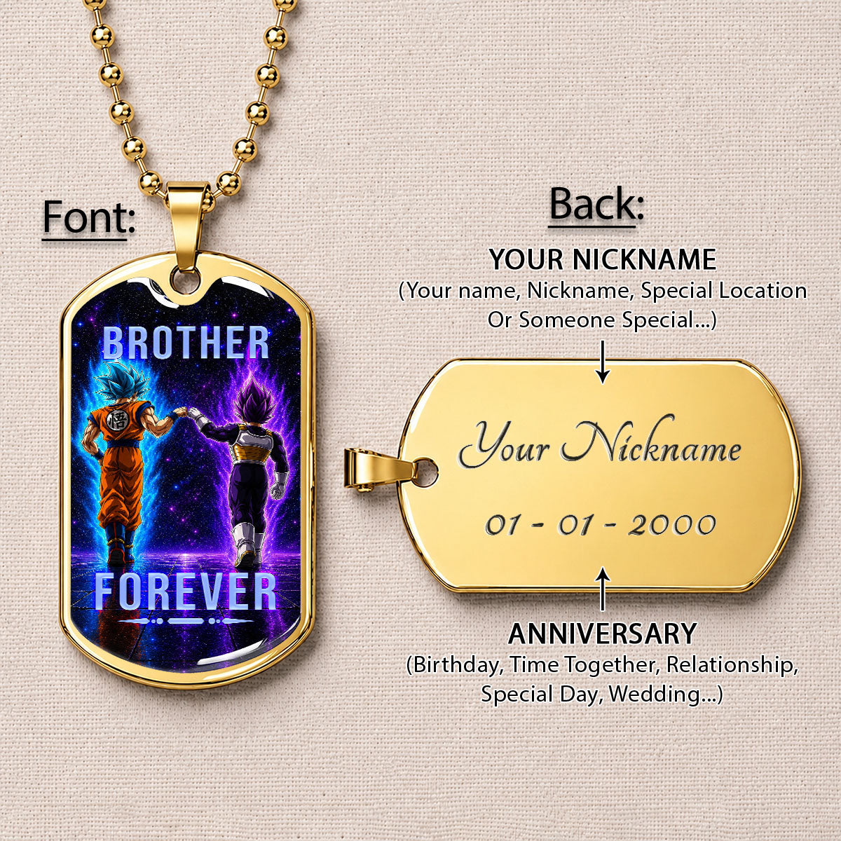 Custom Dragon Ball Goku & Vegeta Brother Dog Tag Necklace - Motivational Quote "Brothers Forever"  Stainless Steel Pendant - Anime Gift for DBZ Fans - DRDL119