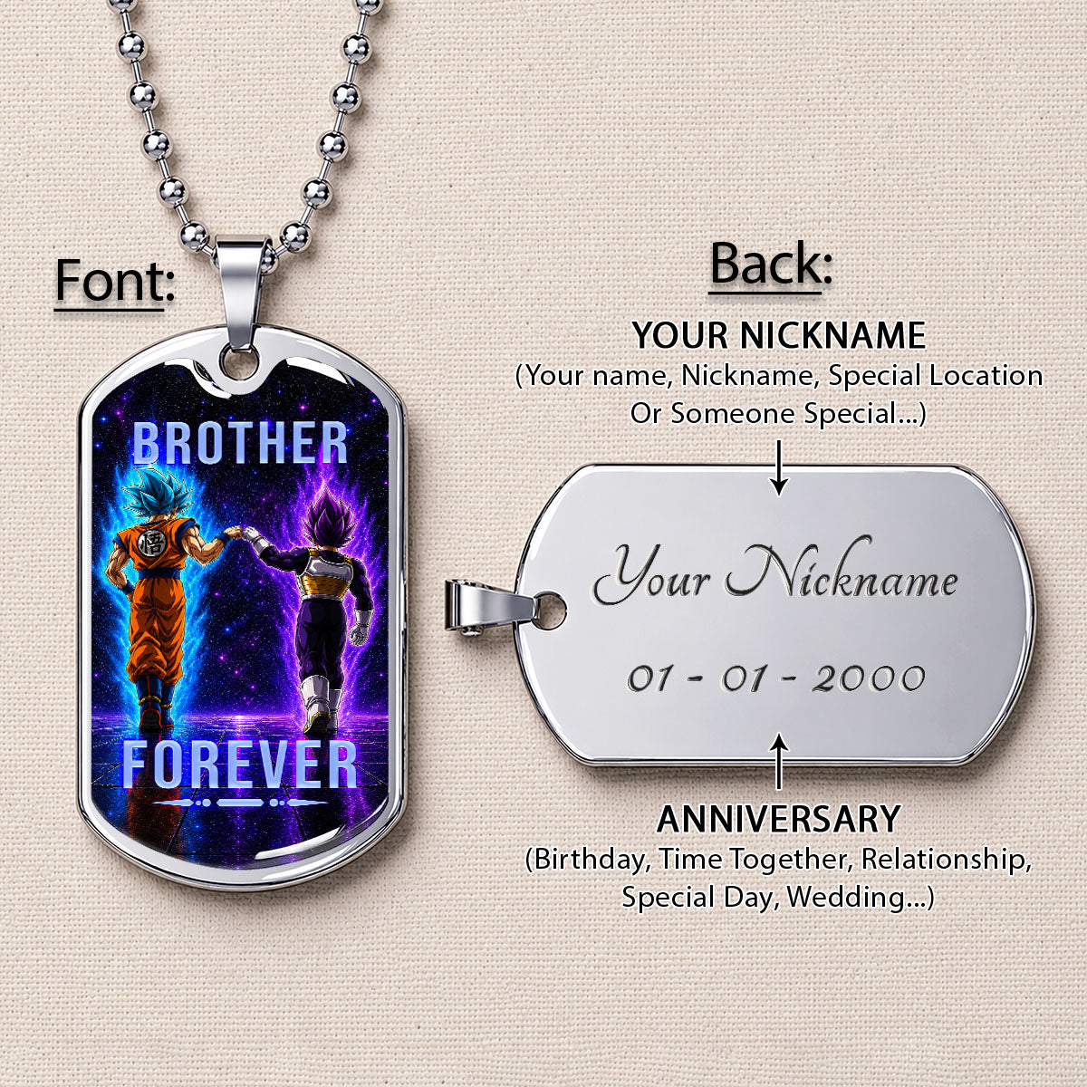 Custom Dragon Ball Goku & Vegeta Brother Dog Tag Necklace - Motivational Quote "Brothers Forever"  Stainless Steel Pendant - Anime Gift for DBZ Fans - DRDL119