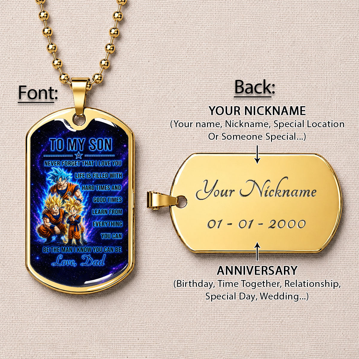 Personalized Dragon Ball Goku & Gohan Dog Tag Necklace - "To My Son From Dad" Stainless Steel Pendant - Meaningful Anime Gift for DBZ Fans - DRDL120