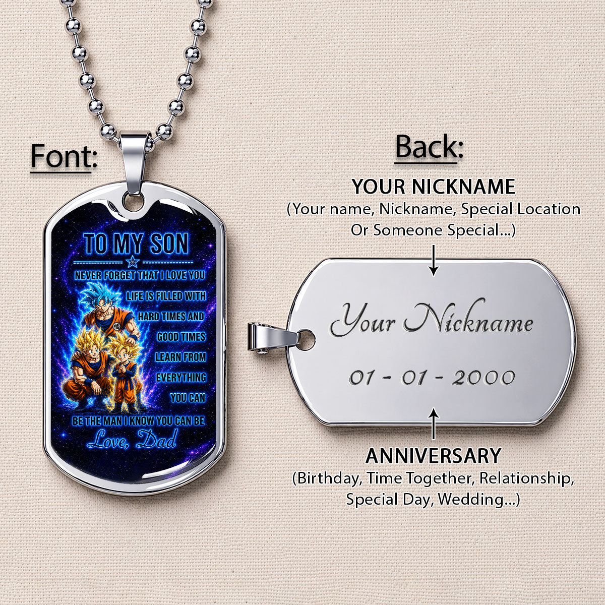 Personalized Dragon Ball Goku & Gohan Dog Tag Necklace - "To My Son From Dad" Stainless Steel Pendant - Meaningful Anime Gift for DBZ Fans - DRDL120