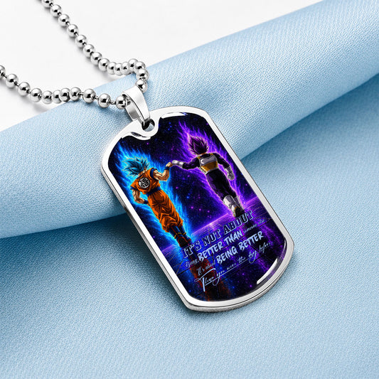 Custom Dragon Ball Goku & Vegeta Dog Tag Necklace - Motivational Quote "Being Better Than Yesterday" Stainless Steel Pendant - Anime Gift for DBZ Fans - DRDL121