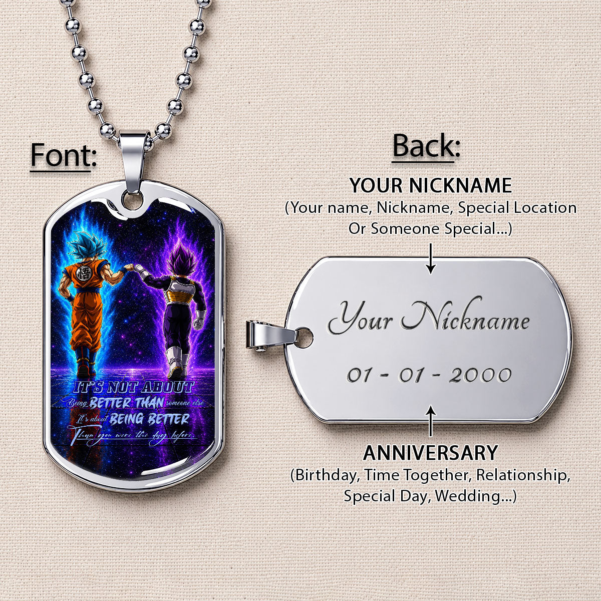 Custom Dragon Ball Goku & Vegeta Dog Tag Necklace - Motivational Quote "Being Better Than Yesterday" Stainless Steel Pendant - Anime Gift for DBZ Fans - DRDL121