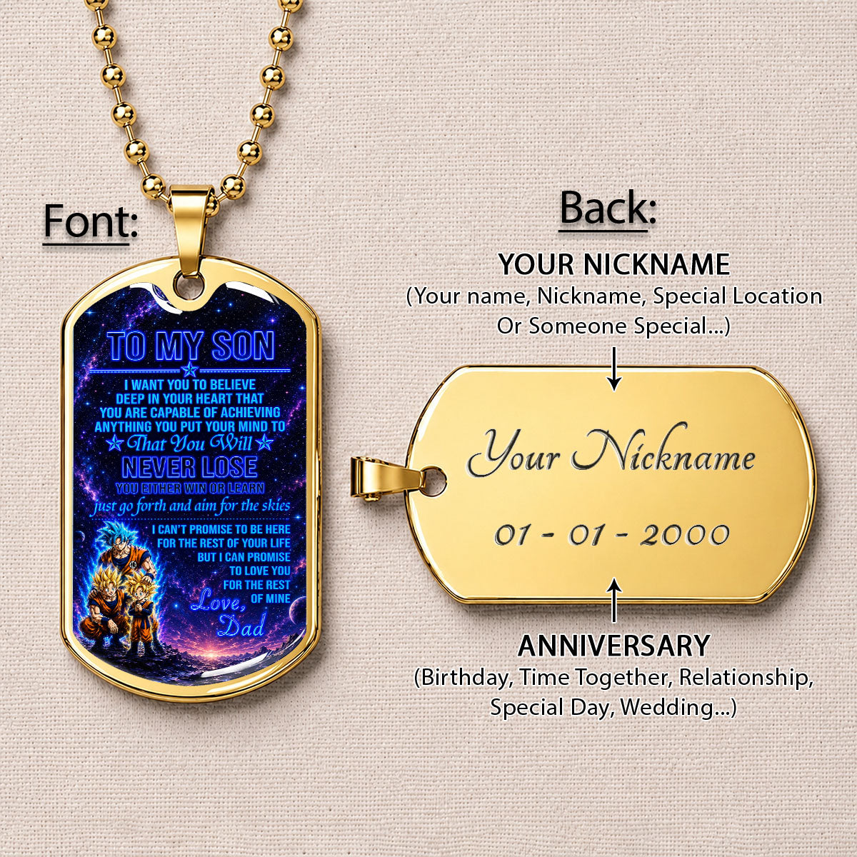 Personalized Dragon Ball Goku & Gohan Dog Tag Necklace - "To My Son From Dad" Stainless Steel Pendant - Meaningful Anime Gift for DBZ Fans - DRDL124