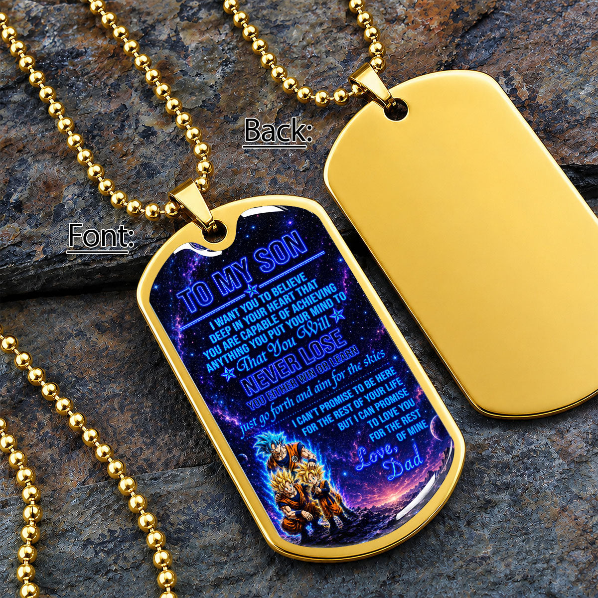Personalized Dragon Ball Goku & Gohan Dog Tag Necklace - "To My Son From Dad" Stainless Steel Pendant - Meaningful Anime Gift for DBZ Fans - DRDL124