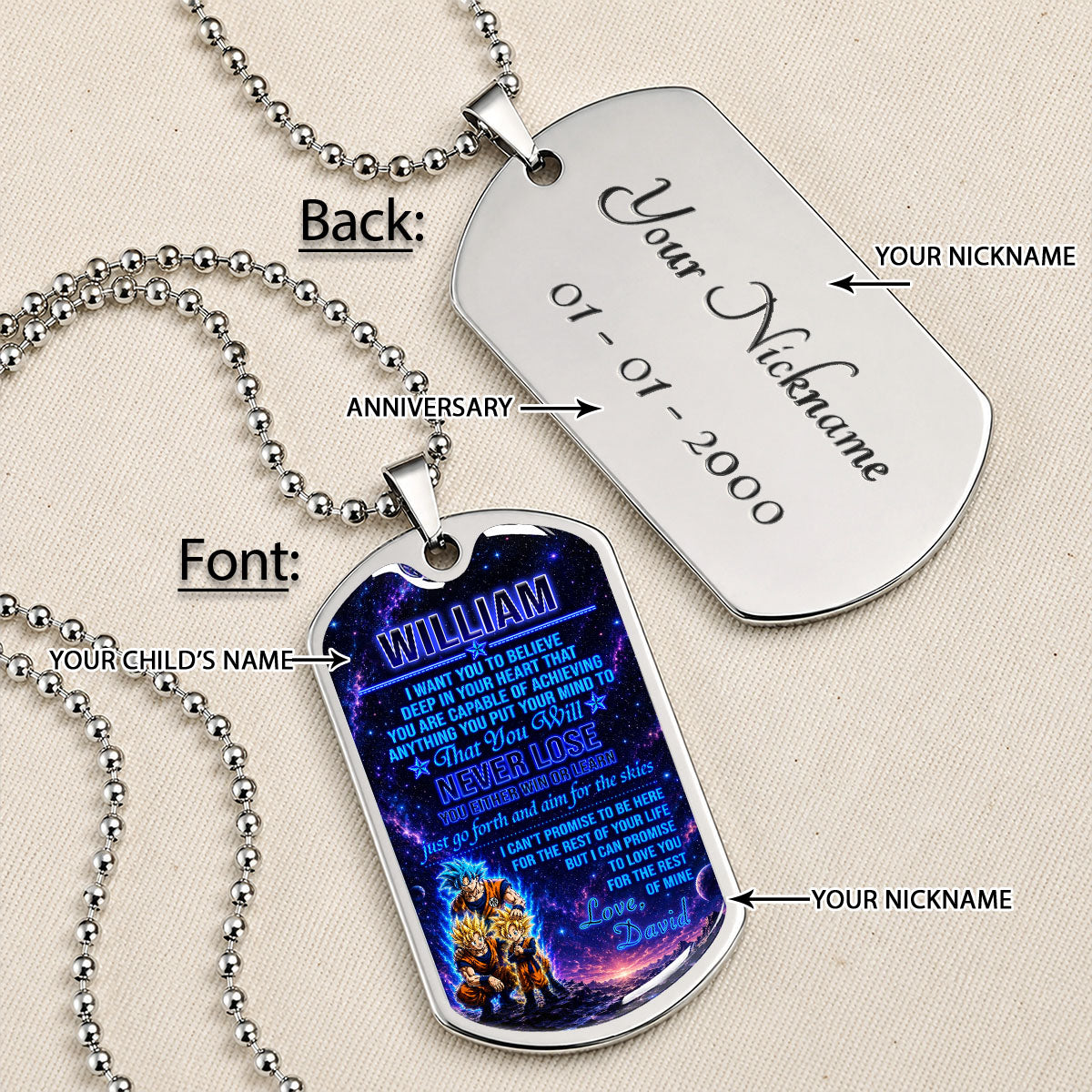 Personalized Dragon Ball Goku & Gohan Dog Tag Necklace - "To My Son From Dad" Stainless Steel Pendant - Meaningful Anime Gift for DBZ Fans - DRDL124