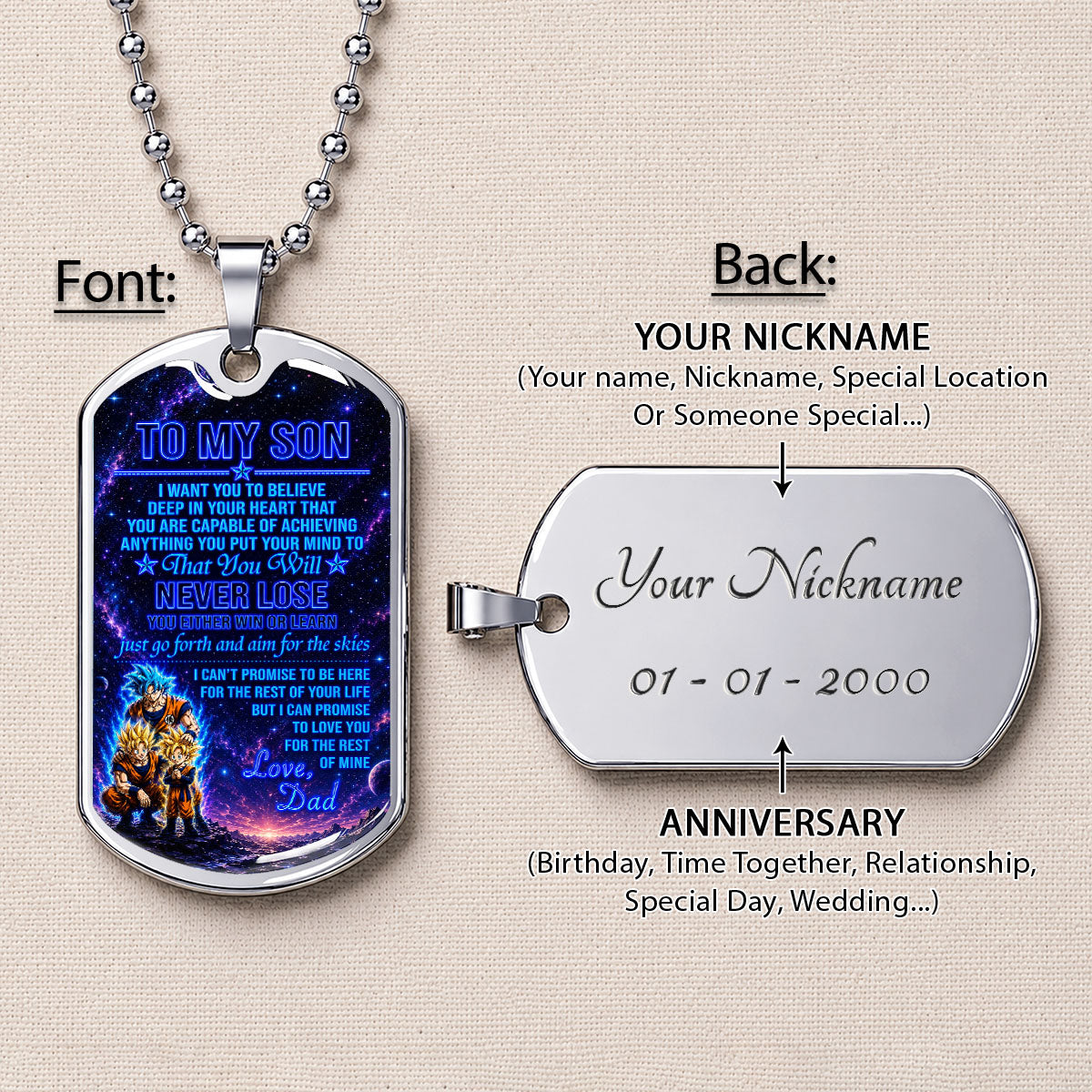 Personalized Dragon Ball Goku & Gohan Dog Tag Necklace - "To My Son From Dad" Stainless Steel Pendant - Meaningful Anime Gift for DBZ Fans - DRDL124