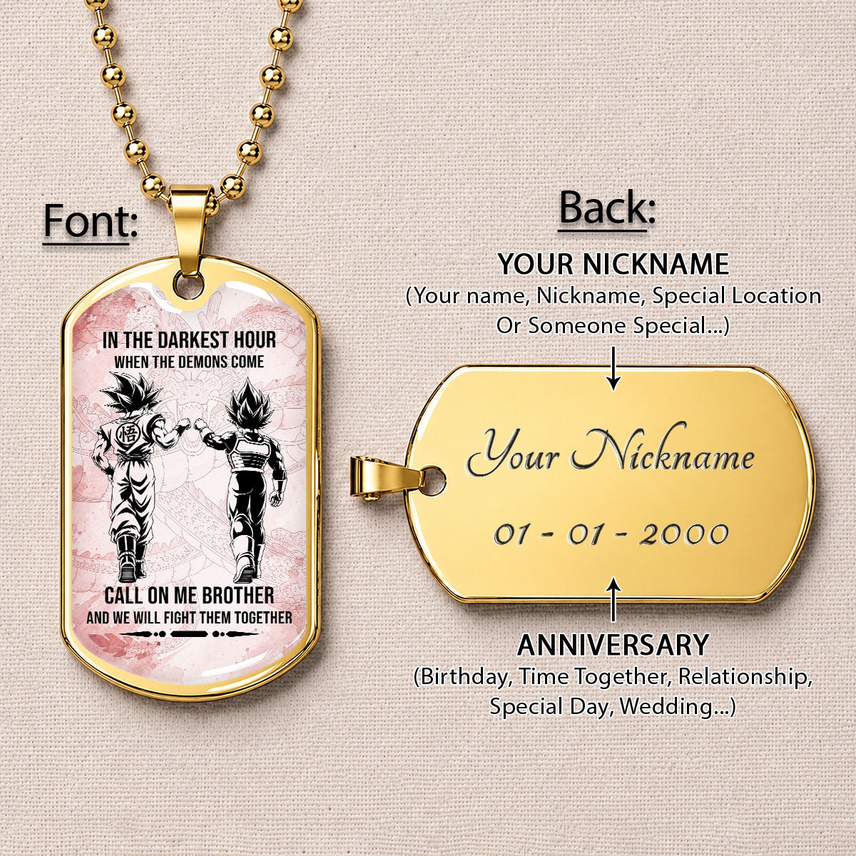 Custom Dragon Ball Goku & Vegeta Brother Dog Tag Necklace - Motivational Quote "Call On Me Brother"  Stainless Steel Pendant - Anime Gift for DBZ Fans - DRDL125