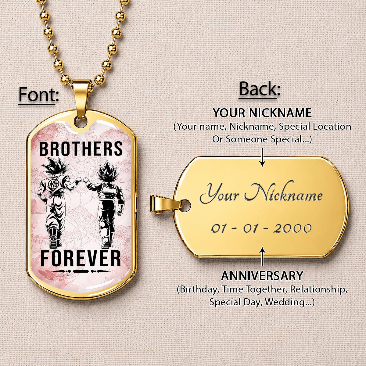Custom Dragon Ball Goku & Vegeta Brother Dog Tag Necklace - Motivational Quote "Brothers Forever"  Stainless Steel Pendant - Anime Gift for DBZ Fans - DRDL126